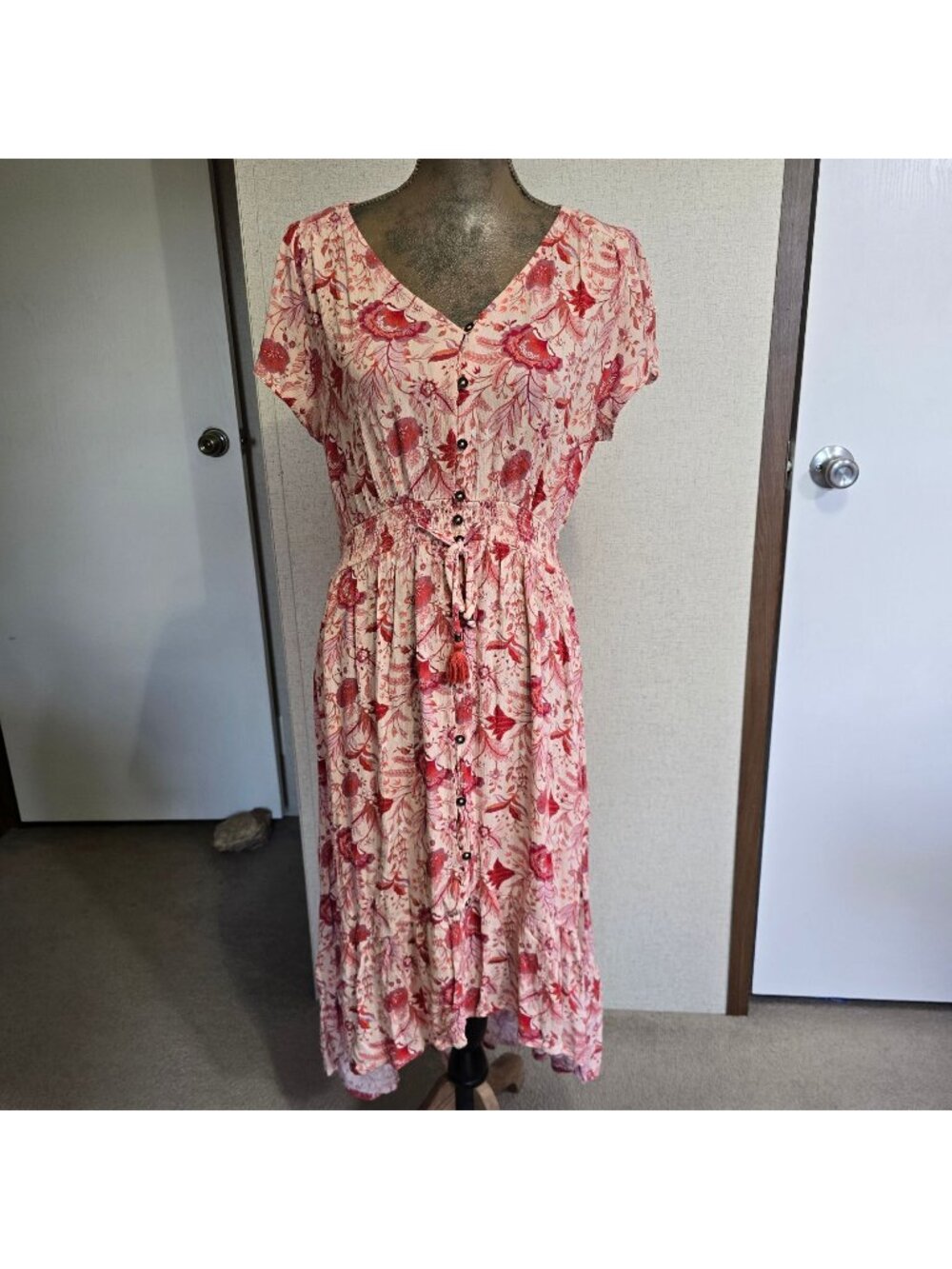 Knox Rose Womens Large Button Front Floral Maxi Dress Pink/Red Cottage Core